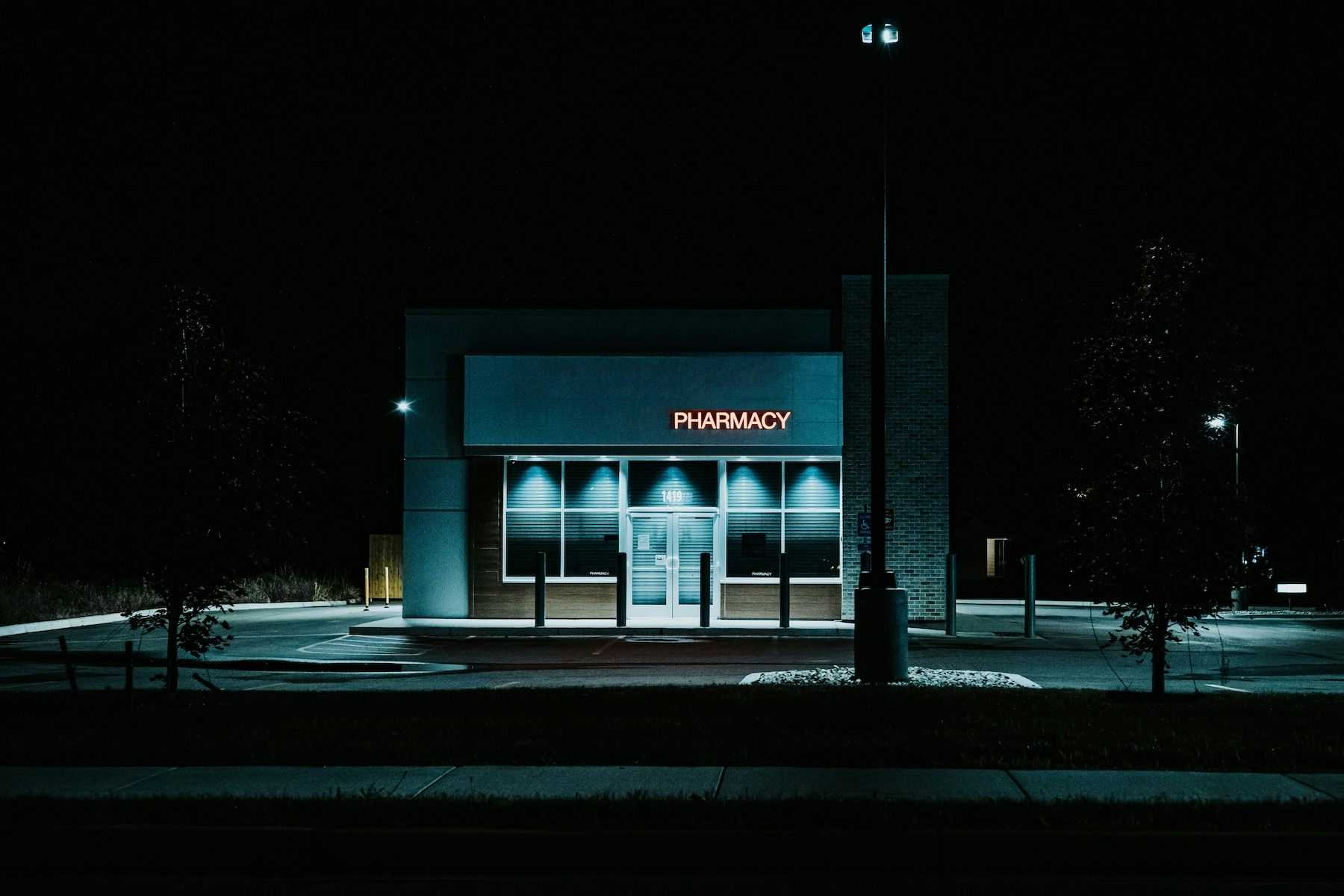 Retail pharmacy at night