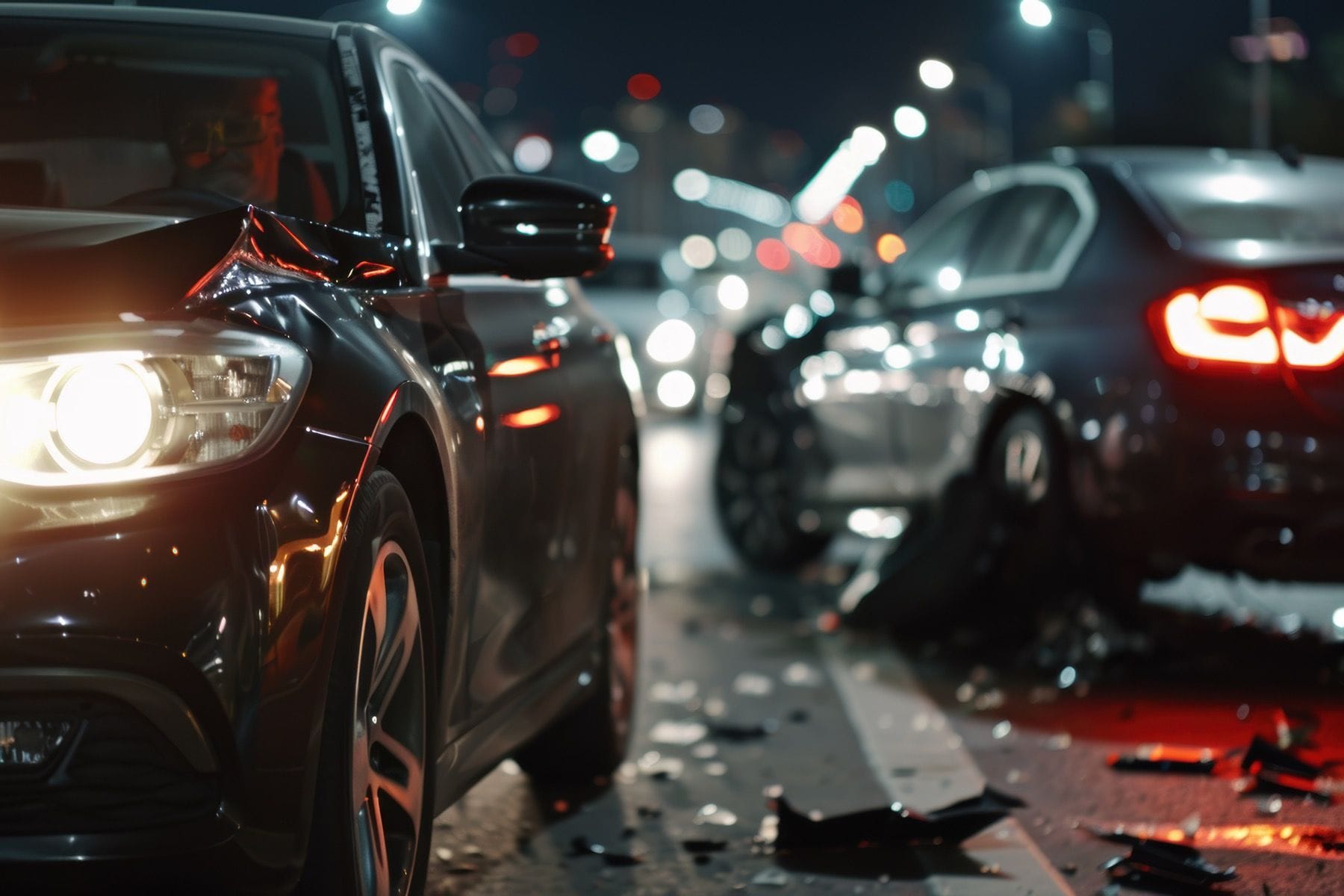 Nighttime two-car crash scene with heavy front-end damage and debris, representing a fatal Tesla Autopilot-related collision tied to a $242M federal jury verdict.