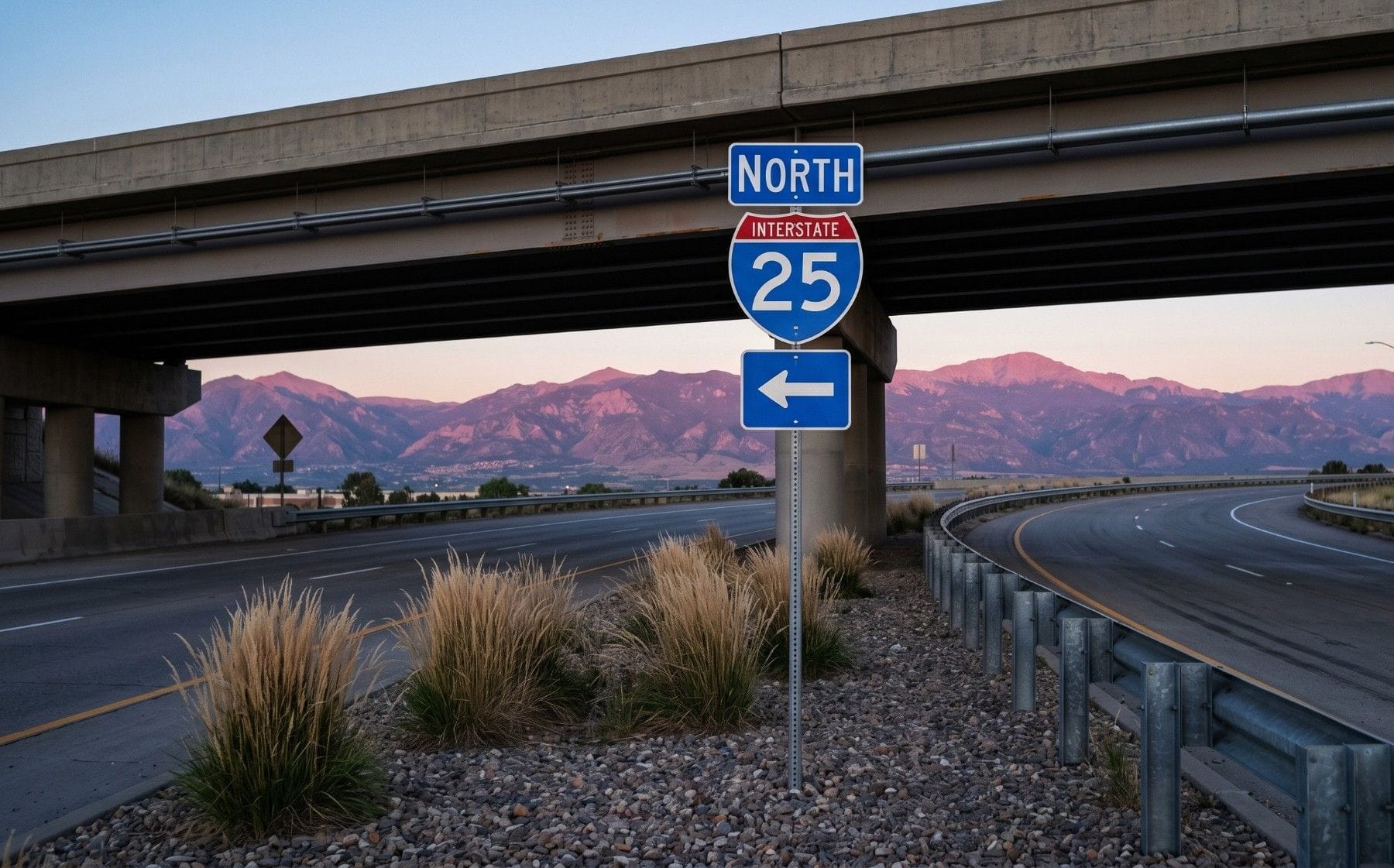 Interstate 25 North sign beneath an overpass, with the highway and Colorado mountains in the background.